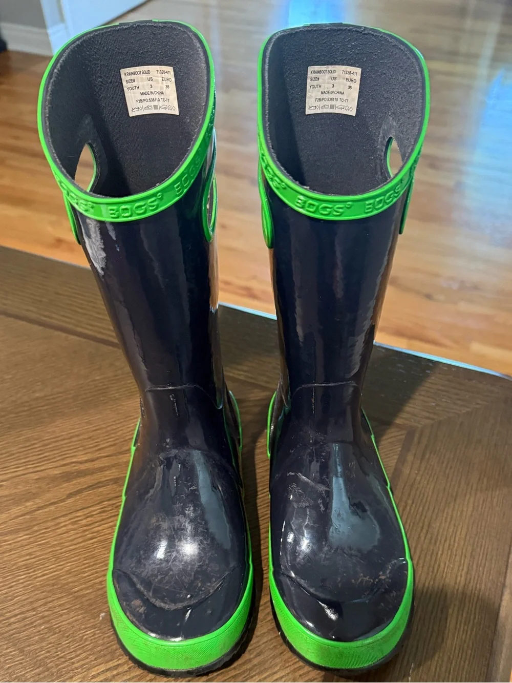 Bogs Kids Navy + Neon Green Tall Rain Boots